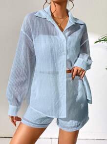 Chiquease Women Fashion Solid Color Long Sleeve Shirt And Shorts Set - Baby Blue - View 5
