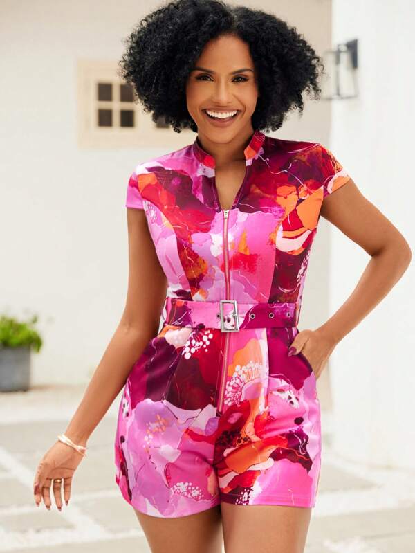 SHEIN Lady Women's Zipper Stand Collar Belt Pocket Jumpsuit With All-Over Print Short Sleeve
