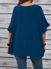 EMERY ROSE Plus Size Women's  Vacation Casual Dark Blue Mom Shirts With Ruffled Sleeves For Summer