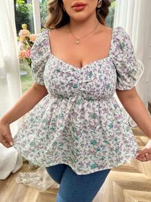 Franclia Plus Size Sweetheart Neckline Milkmaid Top With All-Over Print, Summer - Multicolor - View 3