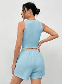 SHEIN EZwear Bộ vest nữ không tay dệt kim màu xanh - Màu xanh lam - Xem 2