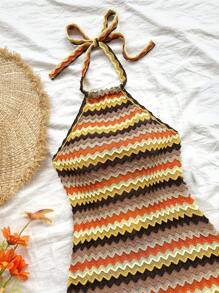 Soleia Holiday Halter Neck Backless Color-Block Texture Dress,Sun Dress