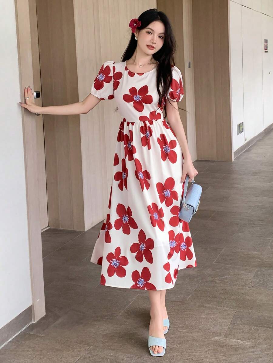 DAZY 女士花卉印花圓領氣球袖長/短裙 - 彩色 - 查看 1