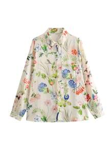 Women Casual Satin Flower Print Shirt Top - Beige - View 1
