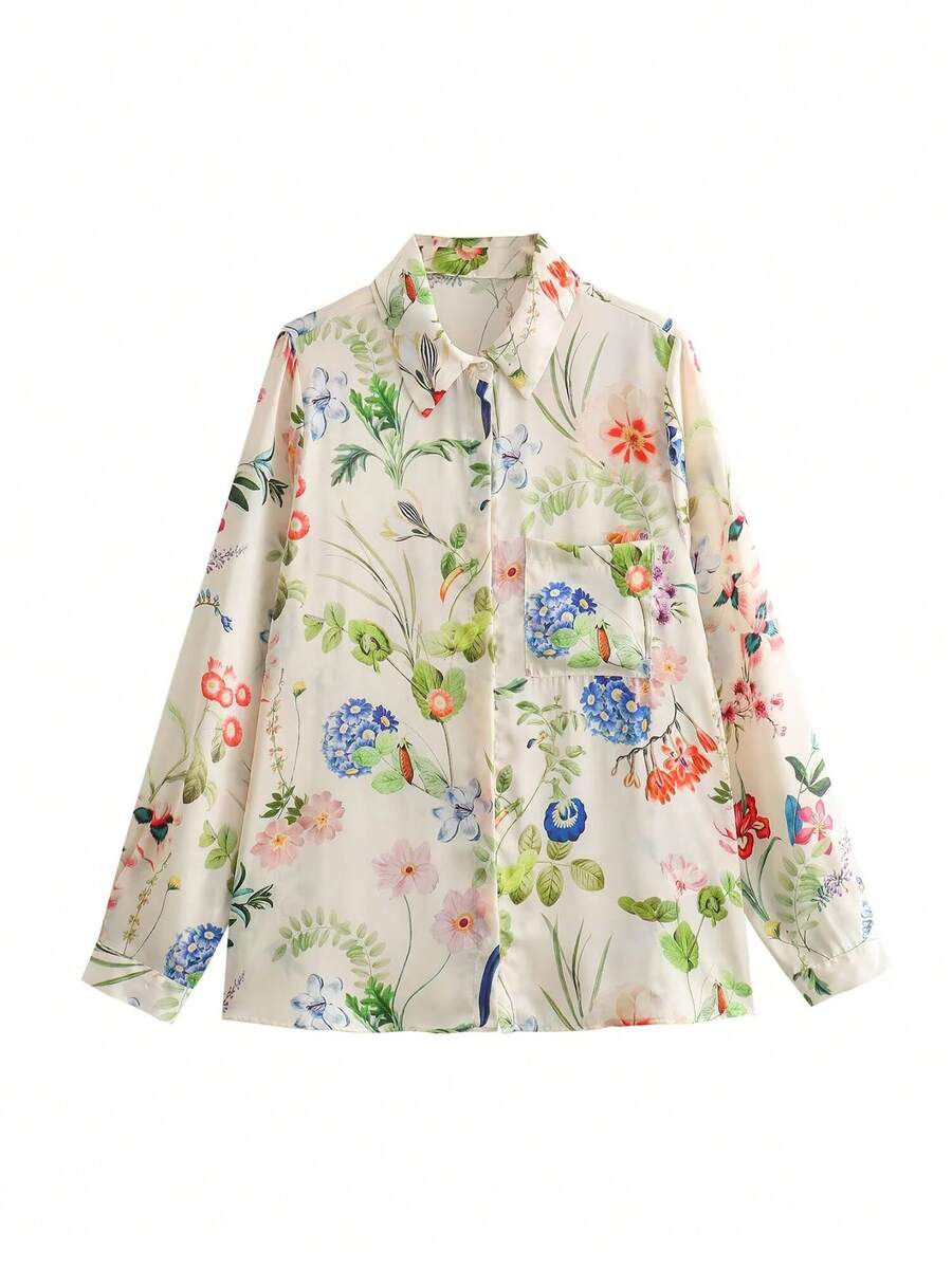 Women Casual Satin Flower Print Shirt Top - Beige - View 1