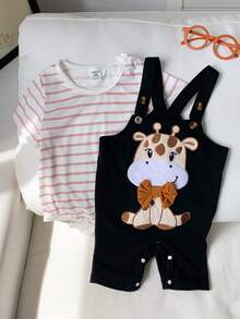 長頸鹿刺繡工褲和條紋連身衣可愛、舒適、優雅、街頭風格、時尚的嬰兒男孩短袖t恤和短褲套裝 - 彩色 - 查看 3