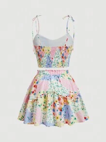 SHEIN MOD Plus Summer Vintage Nomad Style Patchwork Flower Print Spaghetti Strap Crop Top And Short Flared Skirt Set - Multicolor - View 2