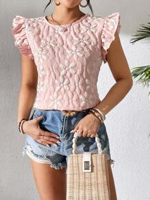 Breezaya Floral Texture Short Flounce Sleeve Casual Top   Women Shirts