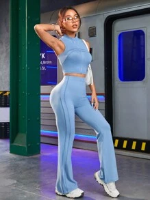 Streetz SHEIN Sport Vrouwen Vier Seizoenen Effen Kleur Rits Stand Kraag Vest En Lange Broek Casual Sportpak Blauwe Trainingsset Vrouwen