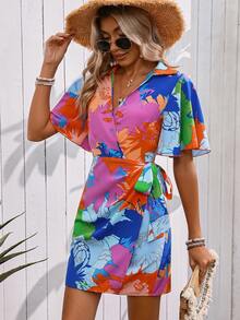 Breezaya Robe d'été élégante pour femmes avec imprimé floral, col en v avec volants à manches courtes, lien à la taille, pour les vacances - Bleu azur - Voir 4