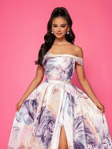 Smilprince Rochie de seară lungă în formă de A cu fante înaltă, din satin floral rafinat, rochie de acasă pentru femei, rochie de seară formală, rochie elegantă pentru invitați de nuntă, pentru absolvire, cină