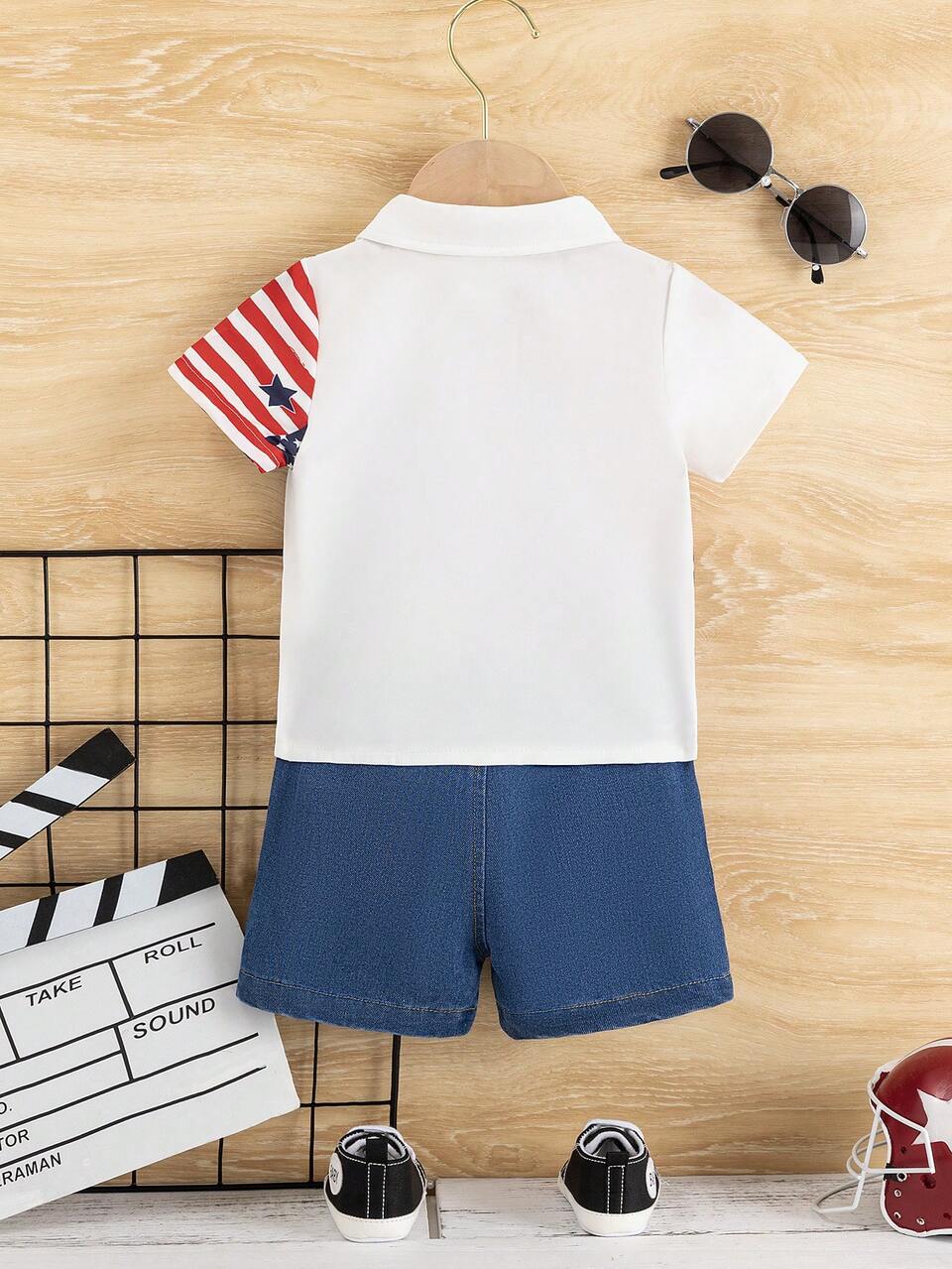 Baby Boy 2pcs Independence Day Outfits Set,Red And White Stripe Summer Casual Party Short Sleeves Gentleman Shirt And Stars Stripes Denim Shorts