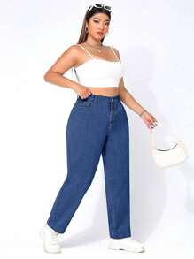 Quần Denim kích thước lớn Nút Túi Dây kéo màu trơn - Rửa trung bình - Xem 4