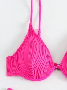 SHEIN Swim Women Bikini Sets Plain Seksi - Hot Pink - View 3