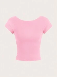 Comfortcana Set de 2 camisetas cortas de manga corta, cuello redondo, ajustadas y sin espalda, en color rosa y blanco, apropiadas para primavera y verano - Multicolor - Ver 3