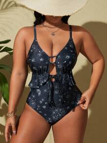 SHEIN Swim Curve Plus Size Summer Beach Vacation Sun Moon Star Print One-Piece Swimsuit With Straps - Black and White - View 1