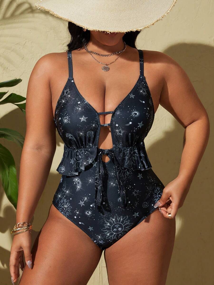 SHEIN Swim Curve Plus Size Summer Beach Vacation Sun Moon Star Print One-Piece Swimsuit With Straps - Black and White - View 1