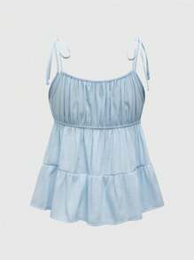 ROMWE Kawaii Women Summer Solid Color Loose Fit Ruffle Hem Front Tie Babydoll Cami Top