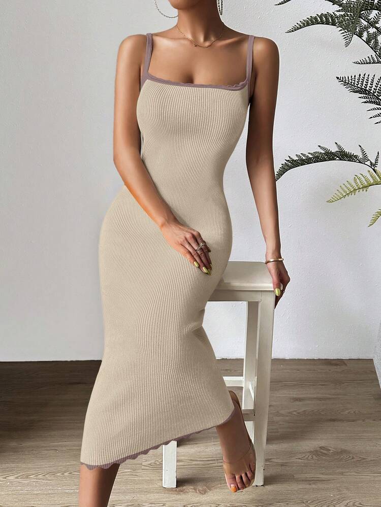 Women Colorblock Edge Knitted Sweater Dress With Shoulder Straps