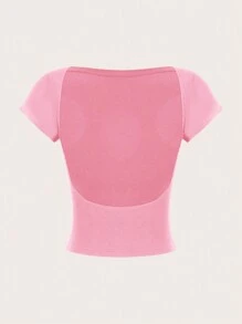Comfortcana Set de 2 camisetas cortas de manga corta, cuello redondo, ajustadas y sin espalda, en color rosa y blanco, apropiadas para primavera y verano - Multicolor - Ver 4