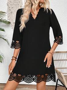 EMERY ROSE Dam sommar ihålig A-line klänning med bågformad V-ringning, lös passform och elegant design