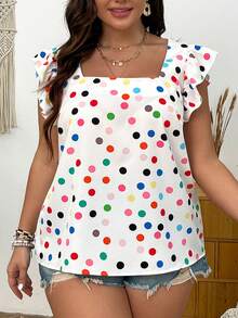 SHEIN VCAY Plus Size Chấm bi Cổ vuông Ruffle Hem Kỳ nghỉ Giải trí Áo - Nhiều màu - Xem 6