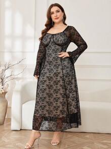 Modelyn Plus Size Women Sweetheart Neckline Long Sleeve Lace Long Elegant Dress For Spring And Summer - Black - View 5