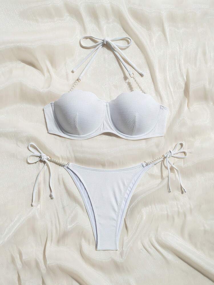 Women Halter Neck Bikini Set With Shell Cup, Perfect For Summer Beach And Vacation