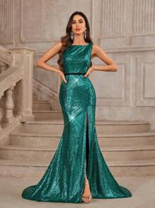SHEIN Belle Gorgeous Sequined High Slit Mermaid Evening Dress - Dark Green - View 4