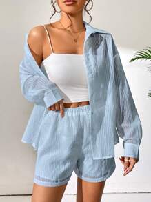 Chiquease Women Fashion Solid Color Long Sleeve Shirt And Shorts Set - Baby Blue - View 6