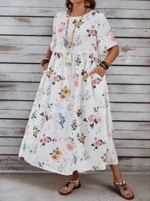EMERY ROSE Plus Size Women's Colorful Floral Printed Short Sleeve Vacation Long Summer Dress - White - View 5
