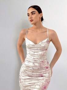 Aloruh Vestido de tirantes con estampado floral elegante de verano con cuello drapeado y ajuste entallado con fruncido