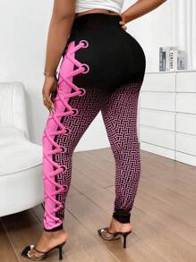 Flirla Digital Printed Plus Size Graphic Print Sports Leggings - Hot Pink - View 4