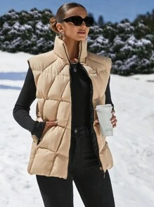 SHEIN Cottnline Down Vest Coat With Slanted Pockets, Zipper - Beige - View 6