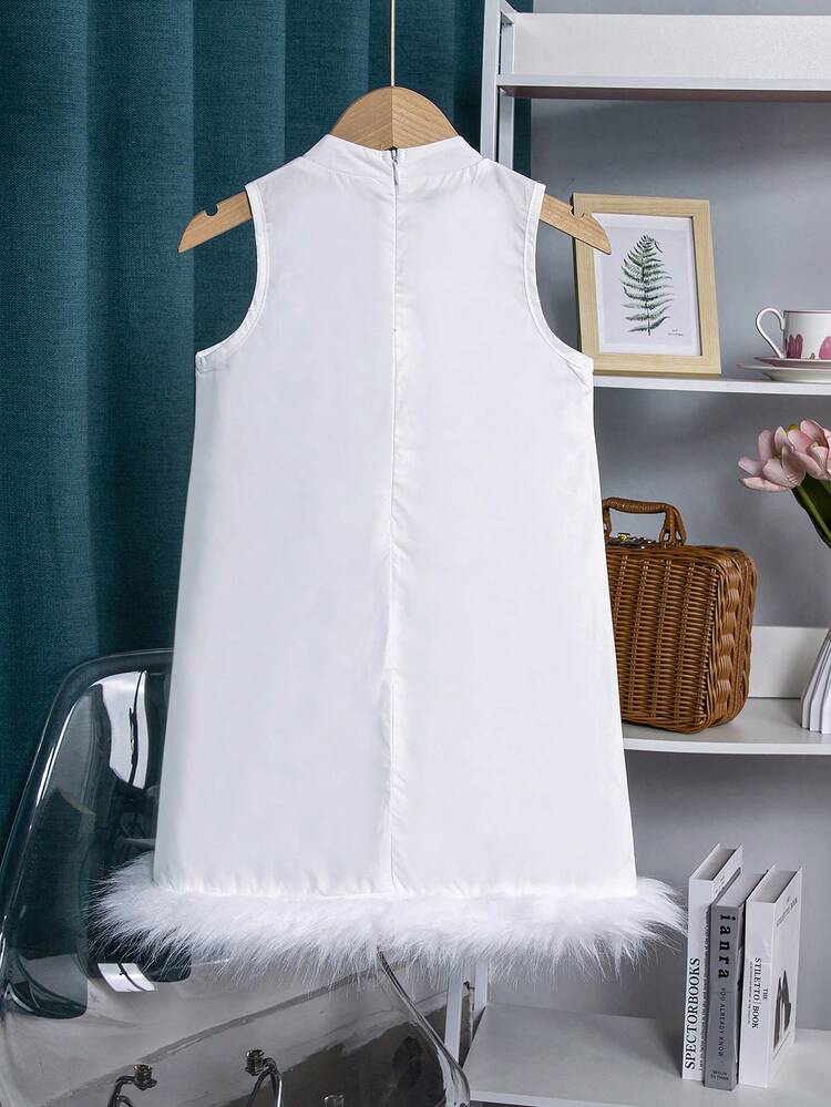 Young Girl Mother's Day And Their Mothers Print Stand Collar Fluffy Trim A-Line Dress, Suitable For Holiday Beach Vacation In Summer