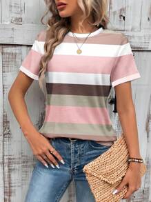 EMERY ROSE Striped Colorblock Short Sleeve Fitted T-Shirt, Casual Summer Style