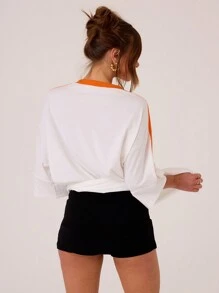 MUSERA Sport Slogan Contrast Stripe Jersey Oversized T-Shirt Vacation Spring Summer - White - View 2