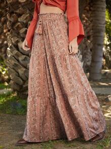 Forever 21 Women Peacock Print Wide Leg Vacation Leisure Pants - Apricot - View 4