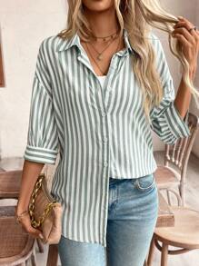 SHEIN Frenchy Áo sơ mi sọc trễ vai nữ nghỉ hè - màu xanh lá - Xem 3