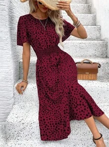 SHEIN LUNE Women Elegant Short Sleeve Round Neck Waist Tie Long Printed Dress For Summer Holiday For New Year Clothes Maxi Women Outfit - Red - View 5