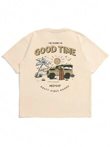 Men's Casual Round Neck Short Sleeve T-Shirt With Slogan & Palm Tree Print, For Summer - Apricot - View 7