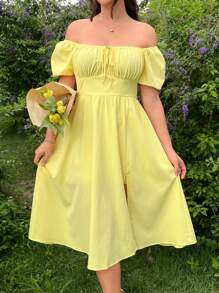 SHEIN EZwear Жіноча жовта сукня великих розмірів, ткана, на підкладці, квадратний виріз горловини, бантик, пишні рукави, А-силует, високий розріз, довжина міді, літо - Жовтий - Переглянути 3