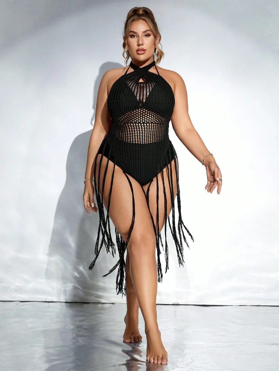 Swim EVENT Pareo de una pieza de talla grande para mujer, de unicolor y diseño calado, ideal para el verano - Negro - Ver 1