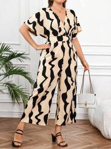 Celure Plus Size Women Asymmetrical Wavy Pattern Jumpsuit - Multicolor - View 6