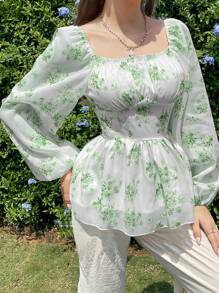 Modelyn Women Fashion Flower Print Long Sleeve Square Neckline Shirt Fall Cloth For Women