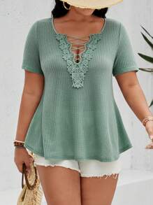 Calvaya Plus Size Women's Fashion Solid Color Lace Short Sleeve T-Shirt