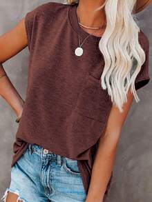 Women's Solid Color Batwing Sleeve T-Shirt, Summer Loose Casual Top With Pocket Patchwork - Burgundy - View 4