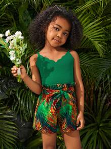 SHEIN SLAYR KIDS Young Girl Knitted Solid Color Sleeveless Top With Shoulder Cutouts And Woven Loose-Fit Floral Print Casual Vacation Shorts Set