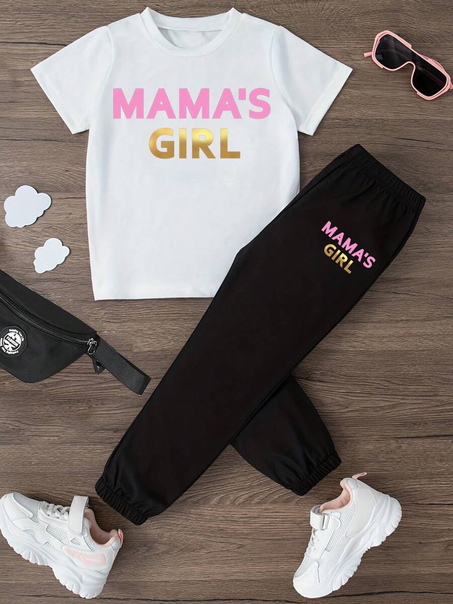 SHEIN Tween Girl Mama Girl Print Short Sleeve T-Shirt And Jogger Pants Two-Piece Set For Summer