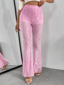SHEIN PETITE Women Elegant Floral Lace Flared Pants For Spring/Summer - Pink - View 4